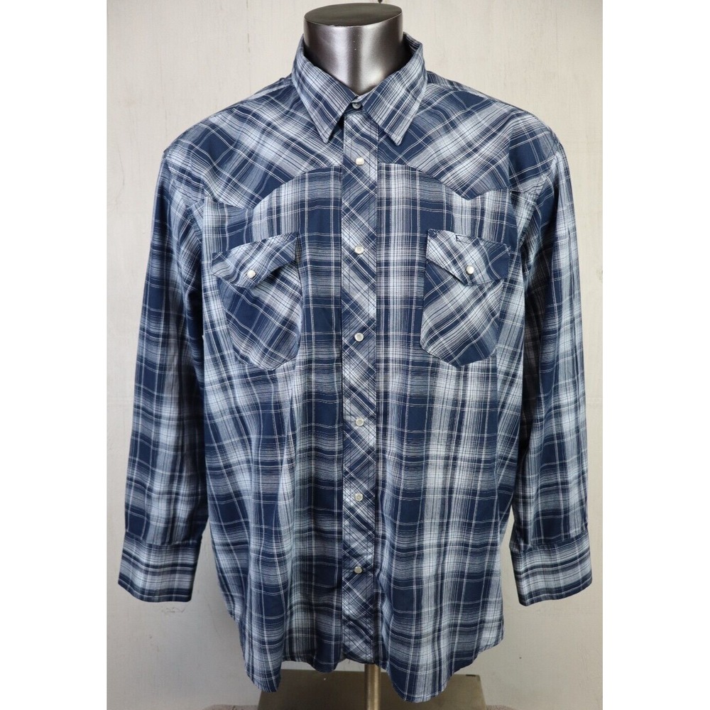 Mens Wrangler Western Pearl Snap Shirt Blue White Plaid Size 2XL Cotton Blend